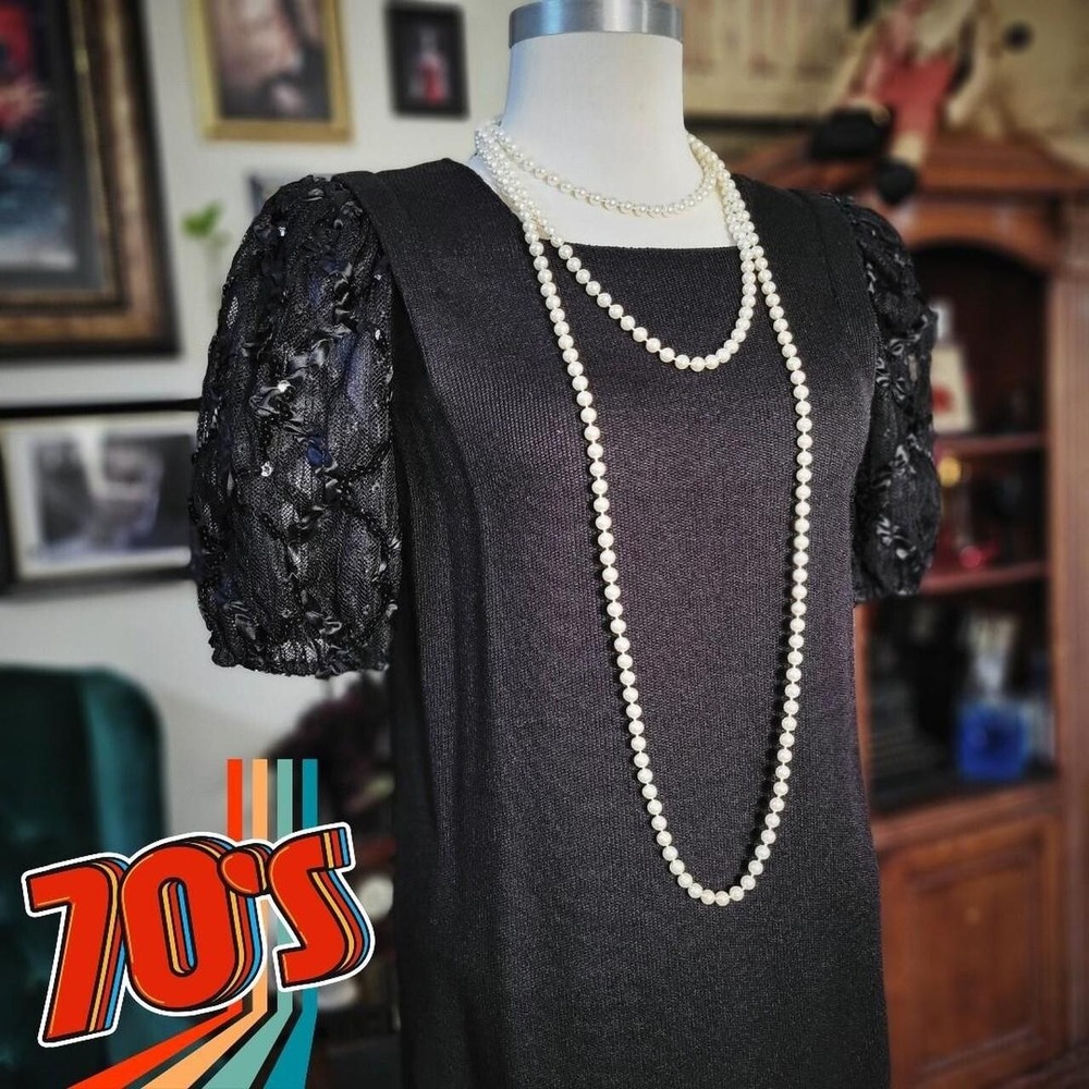 Leslie Fay Black Dress Vintage 70s Lace Sequin Puff Sleeve ILGWU Union Made‎ 8